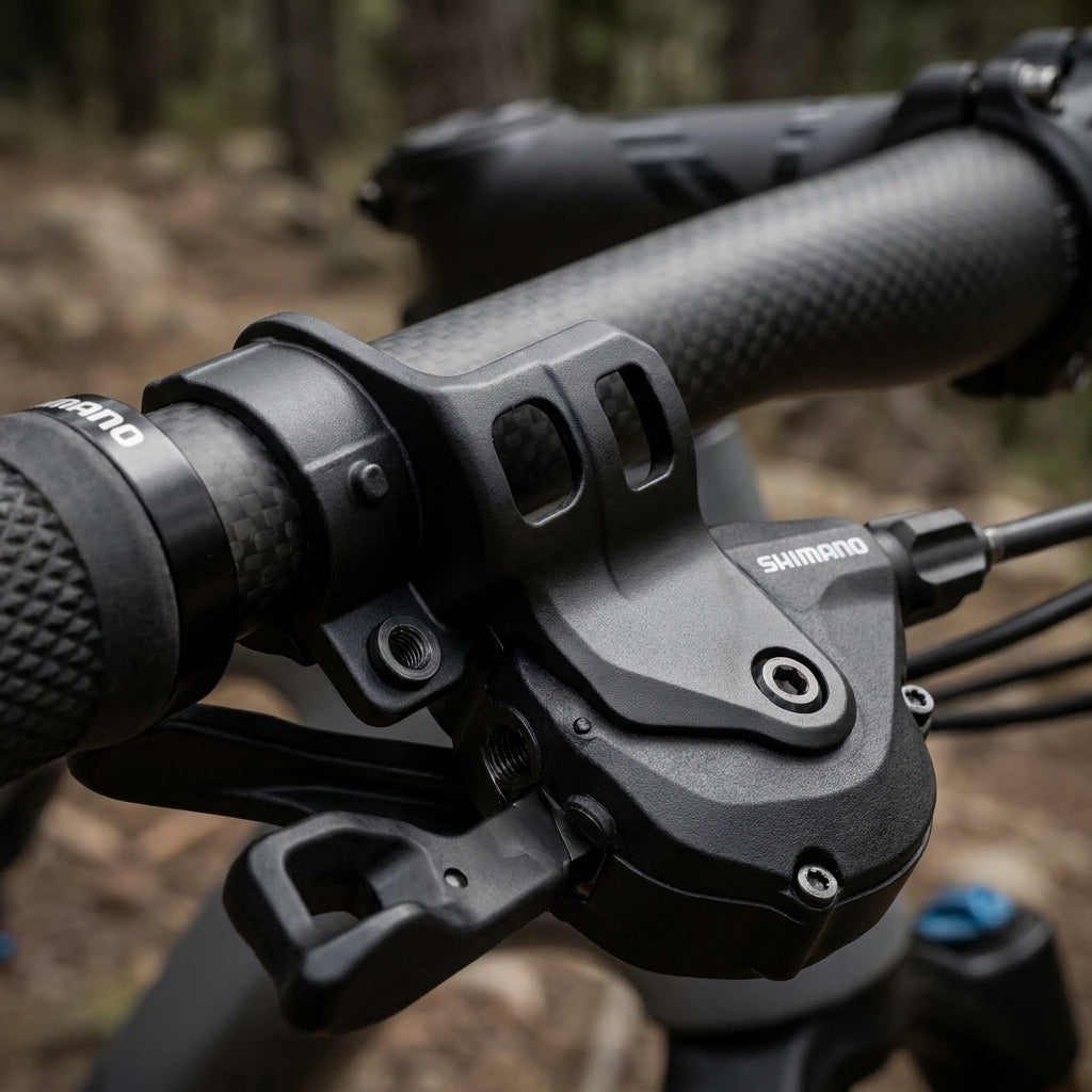 Shimano SL-M8000 Schalthebel-Halterung auf Carbon-Mountainbike-Lenker montiert.