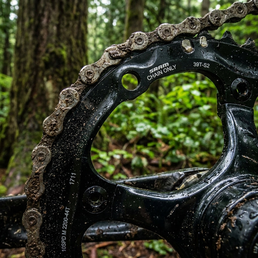 SRAM MTB Kettenblatt 2x10 BB30 39T für präzisen Antrieb, verschlammt im Wald.