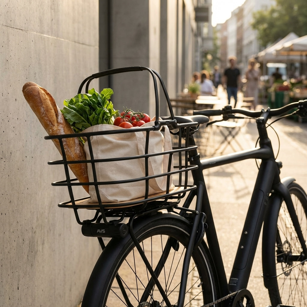 AtranVelo Hinterrad-Korb Duo L AVS schwarz am Fahrrad mit Baguette und Gemüse für den Einkauf.