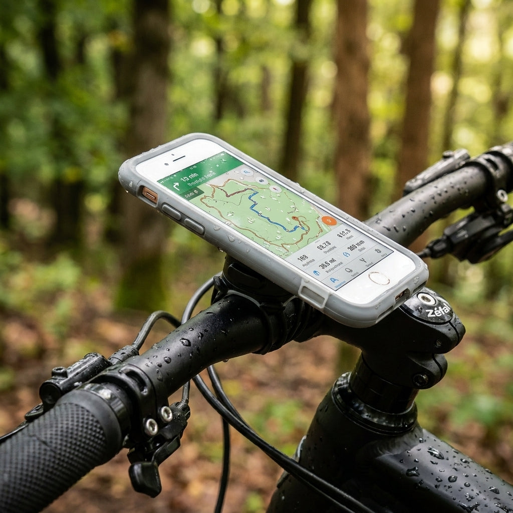 Wetterfester Zefal Z Console iPhone 7/8 Halter am Mountainbike-Lenker mit Navigationskarte im Wald.