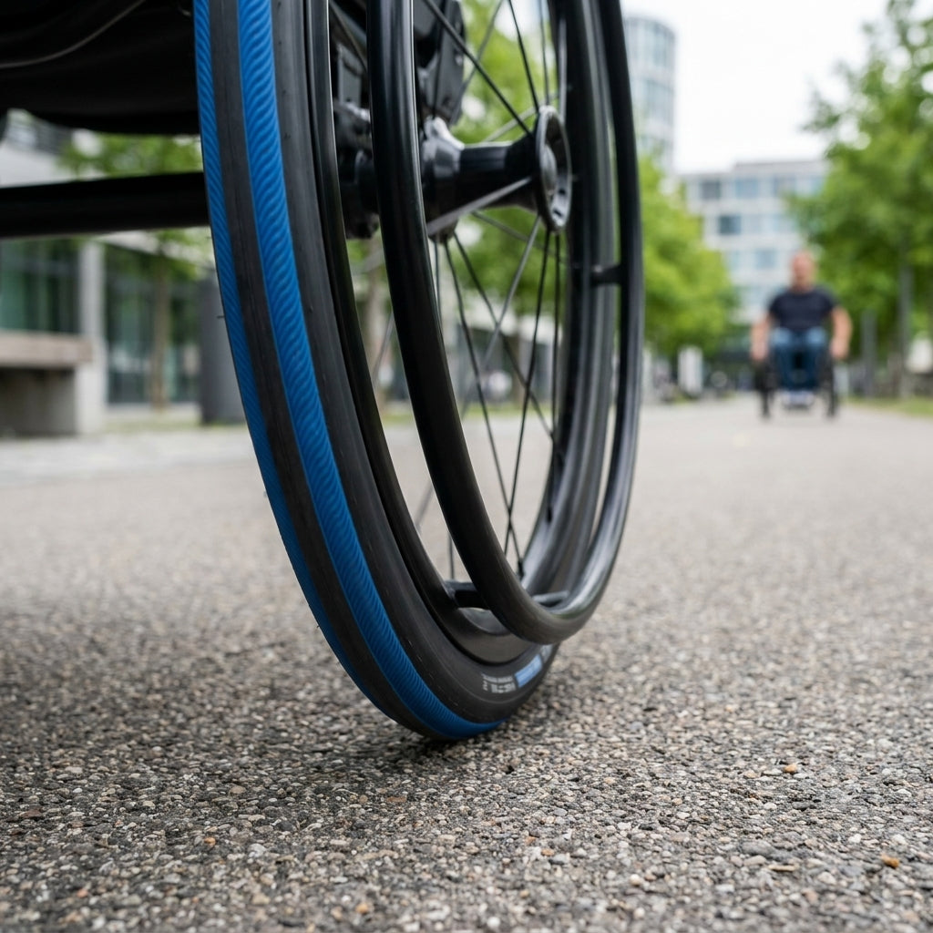 Schwalbe Rightrun Rollstuhlreifen 24x1.00" schwarz/blau auf Asphaltweg, Nahaufnahme.