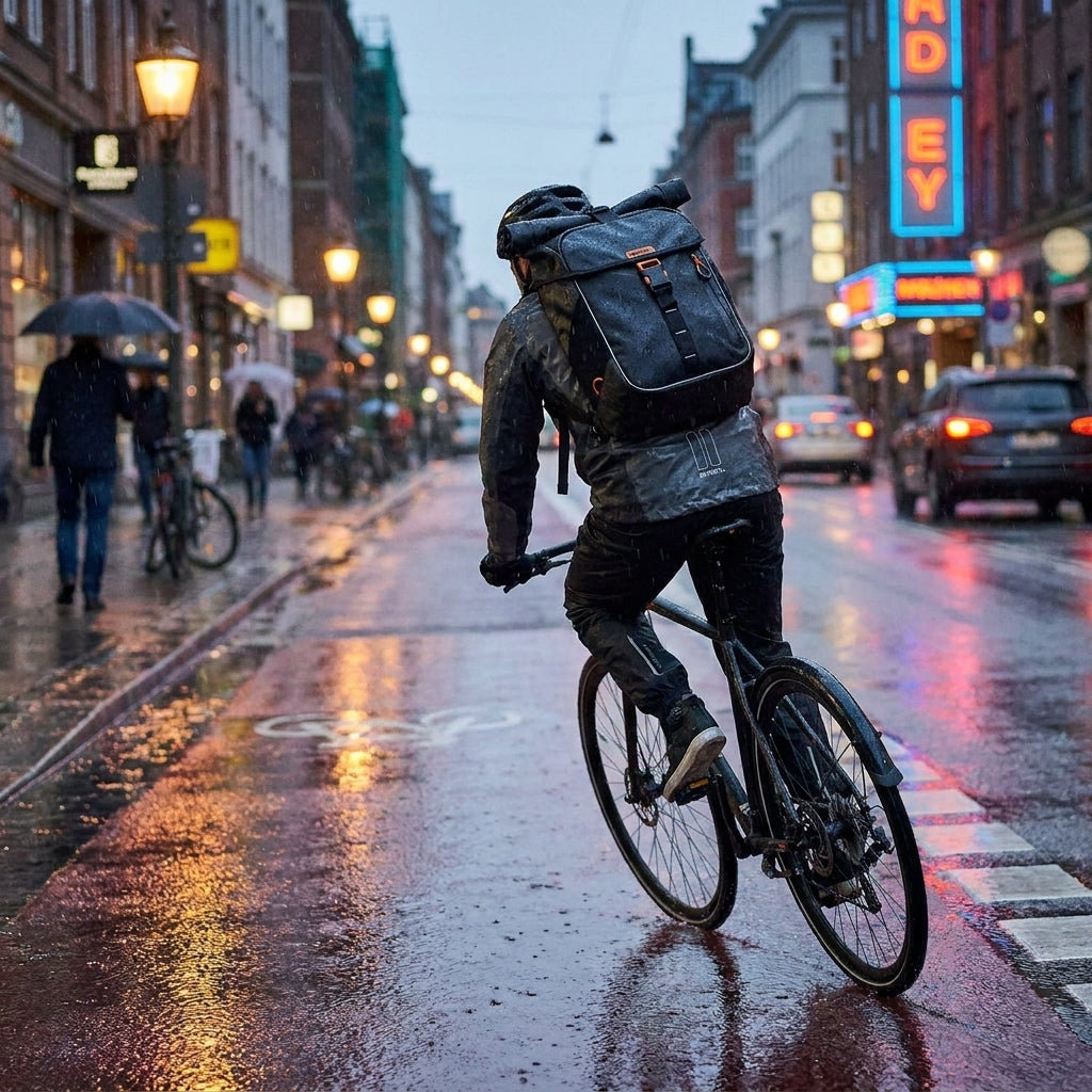 Wasserdichter Basil Fahrradrucksack Miles Tarpaulin schwarz orange am Radfahrer im Regen.