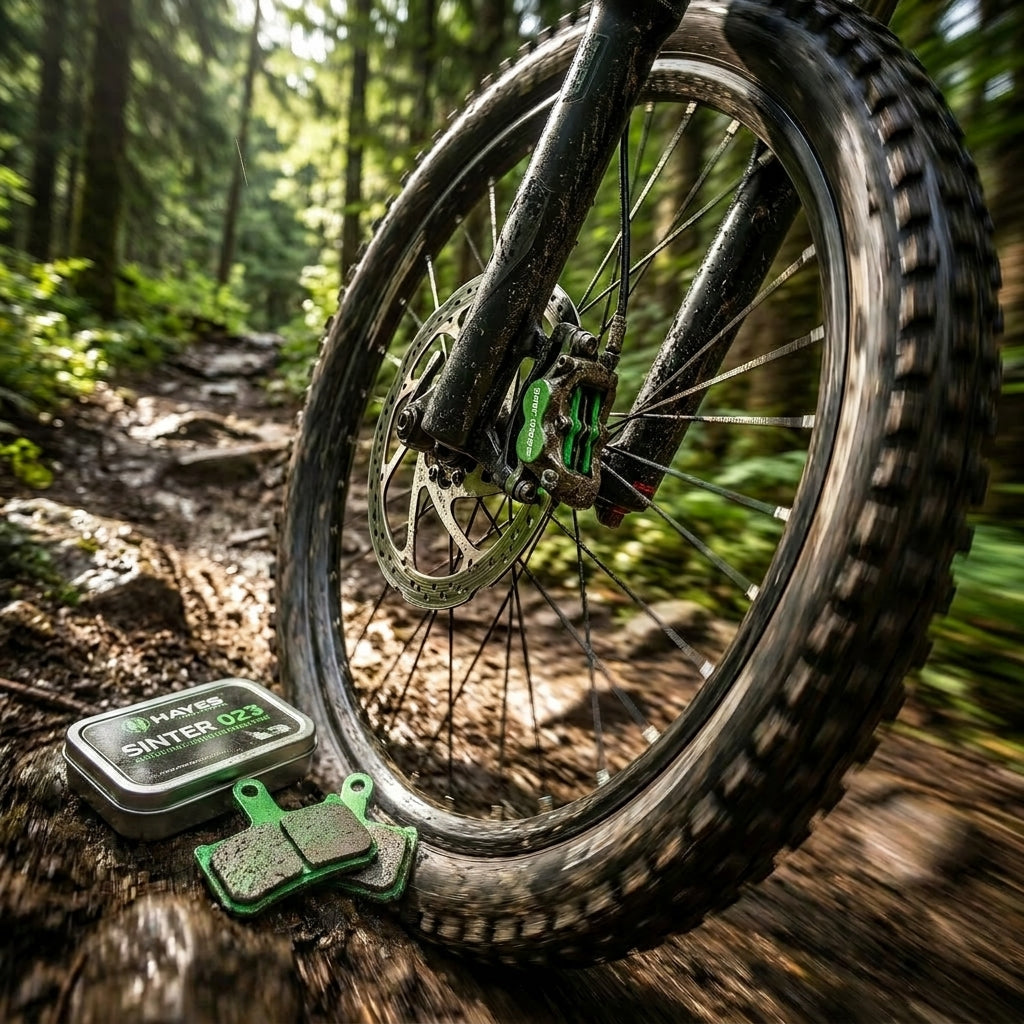 Grüner Scheibenbremsbelag Sinter 023 Hayes organisch für MTB Race, Set in Dose. Optimale Bremskraft für Mountainbike Rennen.