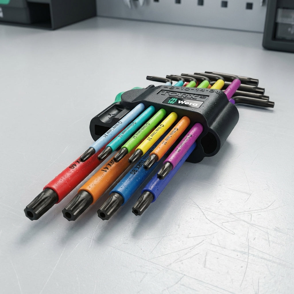 Wera 967/9 TX BO Multicolour 1 SB Winkelschlüsselsatz 9-teilig mit farbigen Torx-Schlüsseln im Halter auf Tisch.