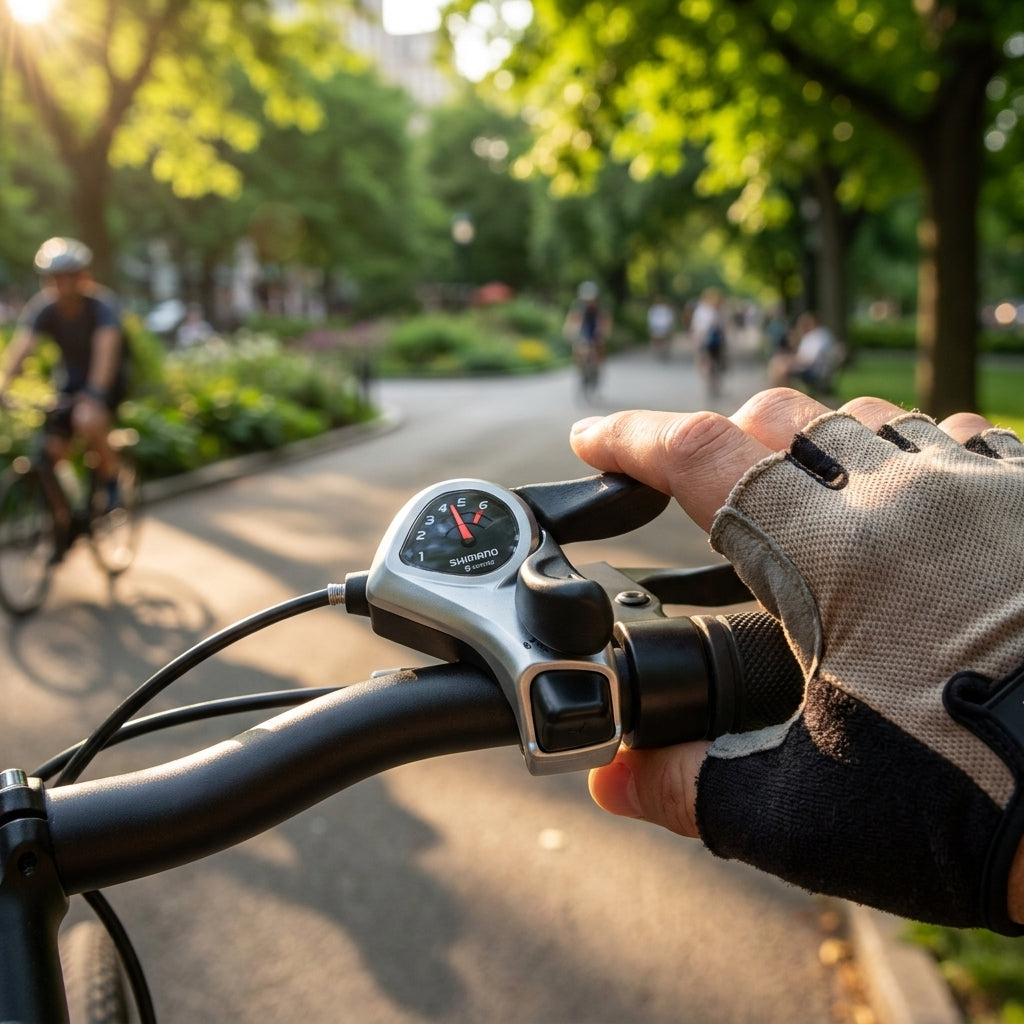 SHIMANO TOURNEY SL-TX50 6-fach Fahrrad-Schalthebel am Lenker, Hand im Handschuh, Radfahrer im sonnigen Park.