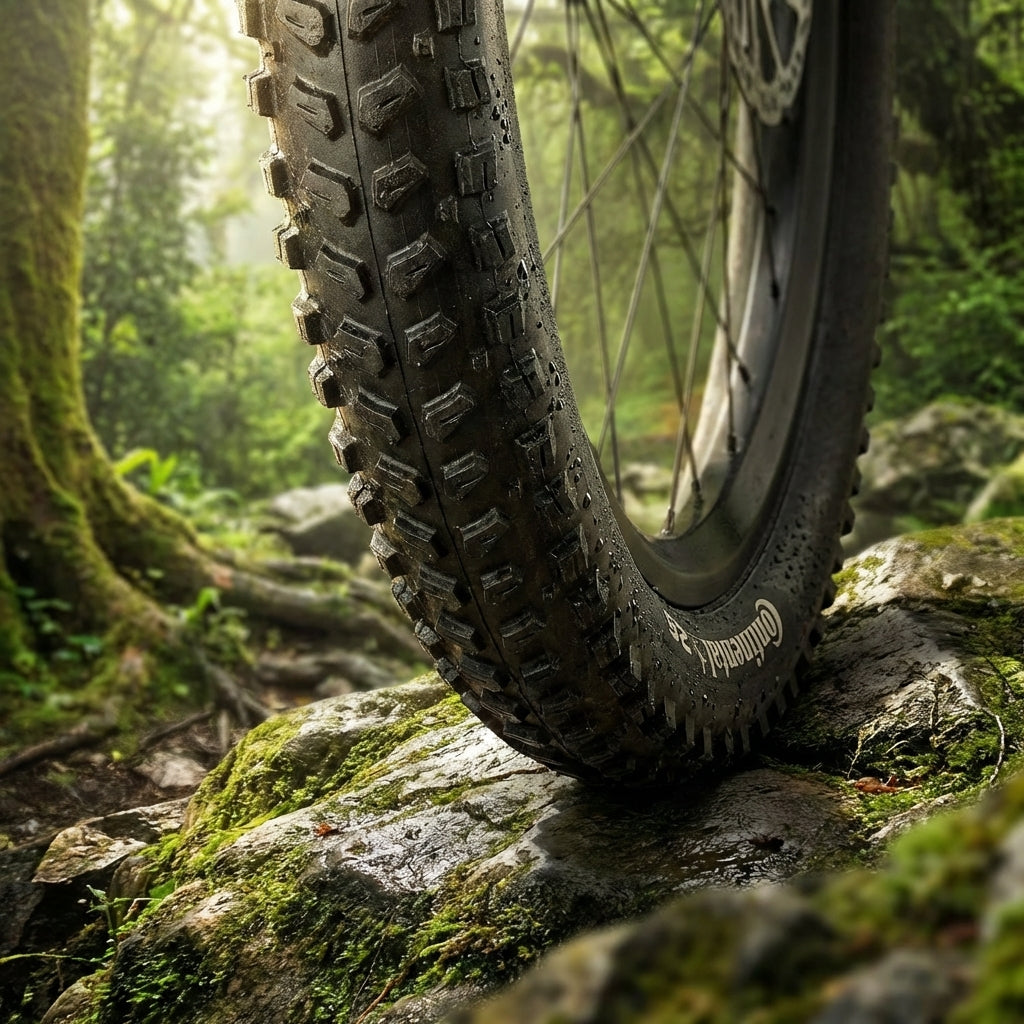 Continental Reifen Mountain King 27.5x2.60 schwarz Faltreifen auf moosigen Steinen im Wald.