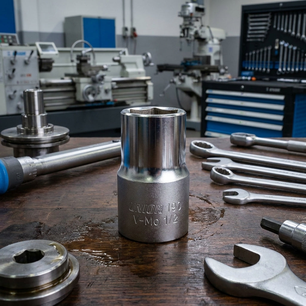 Unior Sechskantsteckschlüssel 1/2" 13mm 190/1 6p auf einer Holzwerkbank in einer Werkstatt.