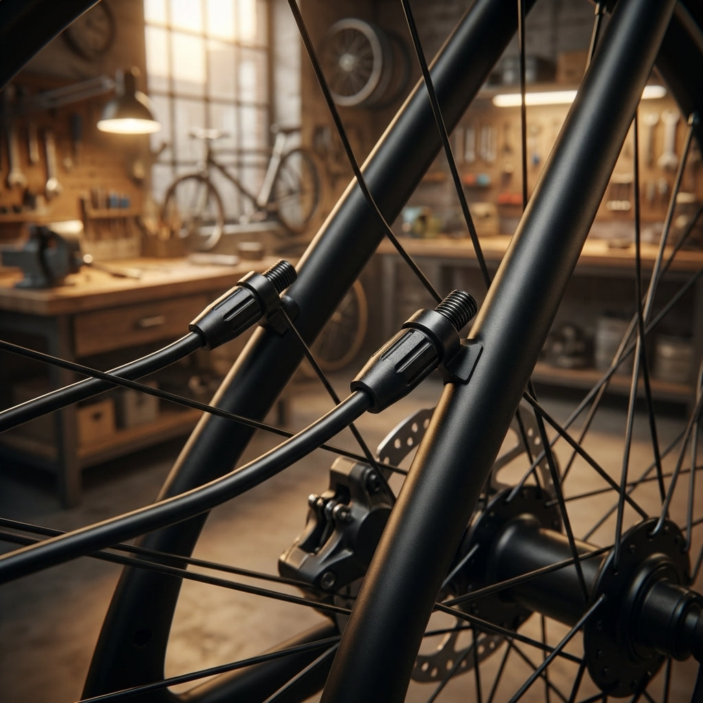 Centurion Schutzblechstrebenklemmung für E-Trekkingrad, M5-Gewinde, Nahaufnahme in Werkstatt.