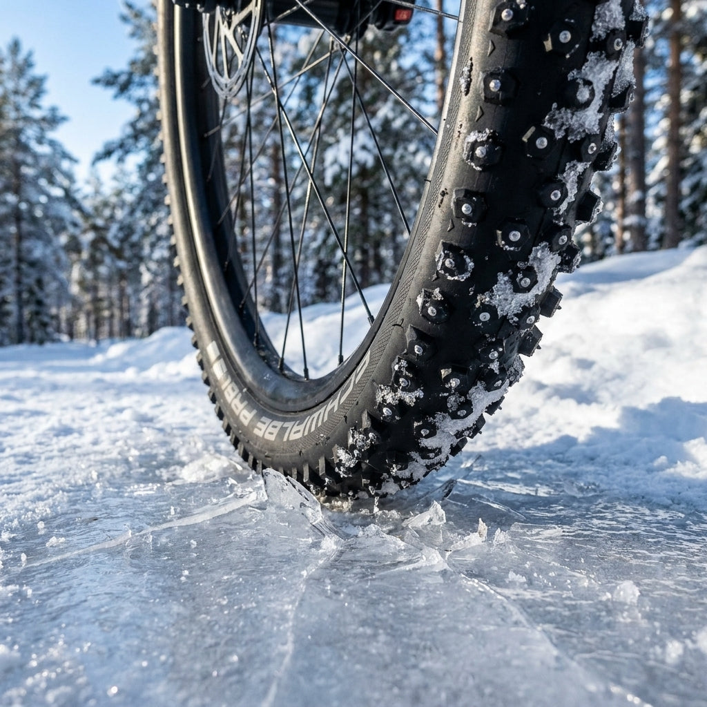 Schwalbe Ice Spiker Pro Fahrradreifen auf Eis und Schnee, mit Spikes die das Eis brechen.