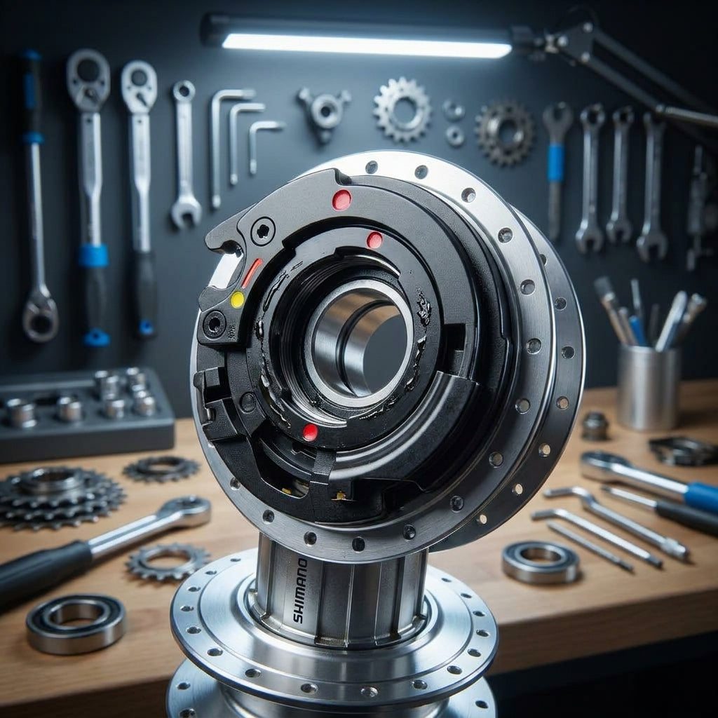 SHIMANO SICHER-UNTERLEGSCHEIBE CJ8S20 für Getriebenabe, Detail einer Nabe in Fahrradwerkstatt.