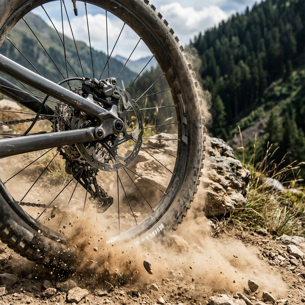 SHIMANO Scheibenbremsadapter am Mountainbike-Hinterrad auf steinigem Trail mit aufwirbelndem Staub.