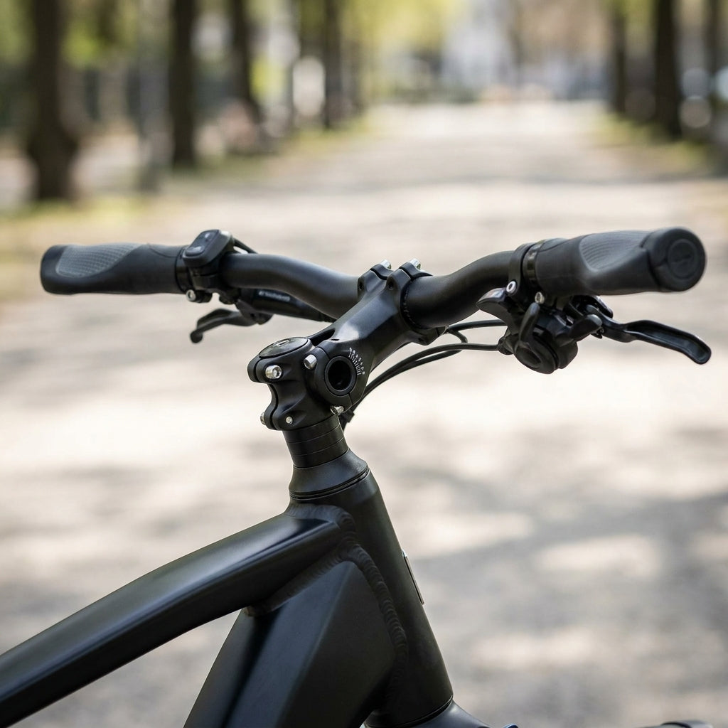Ergotec Vorbau Swell RE 31-8 mm schwarz am Fahrradlenker, Nahaufnahme auf Parkweg.