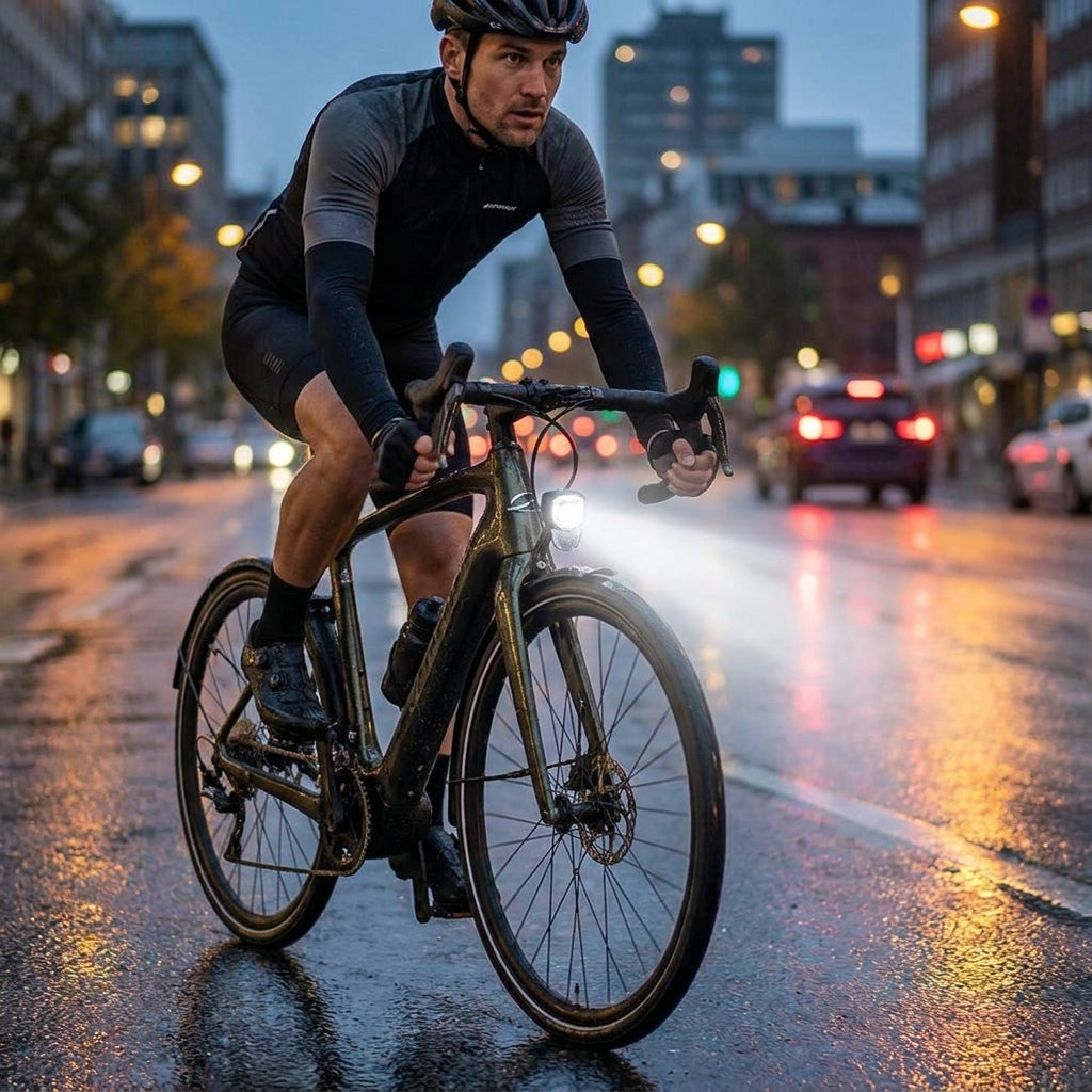 LITEMOVE Frontlicht RX-E50 Gabelhalterung kompakt, starke Ausleuchtung für E-Bikes auf nasser Straße bei Nacht.