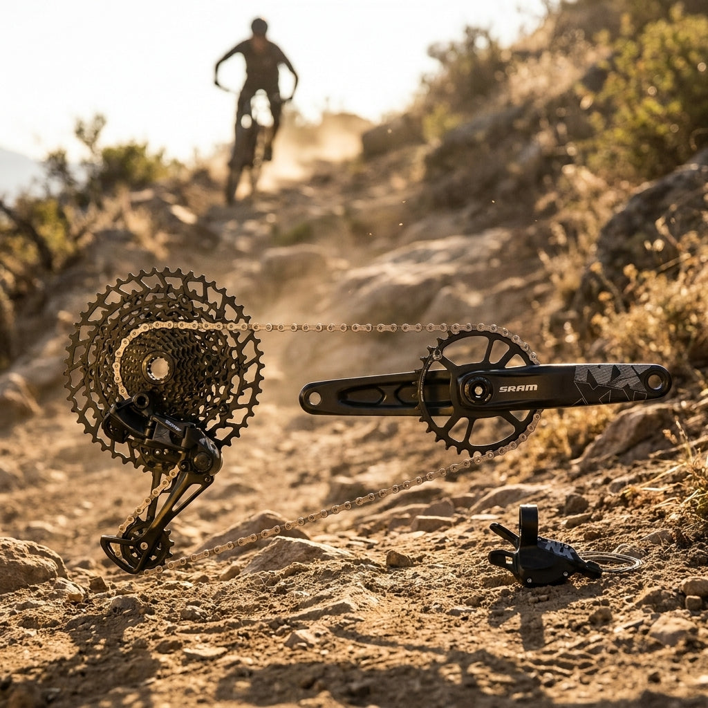SRAM NX Eagle DUB 1x12 MTB Antriebssystem Kit (Kassette, Kurbel, Schaltung) auf felsigem Trail mit Biker.