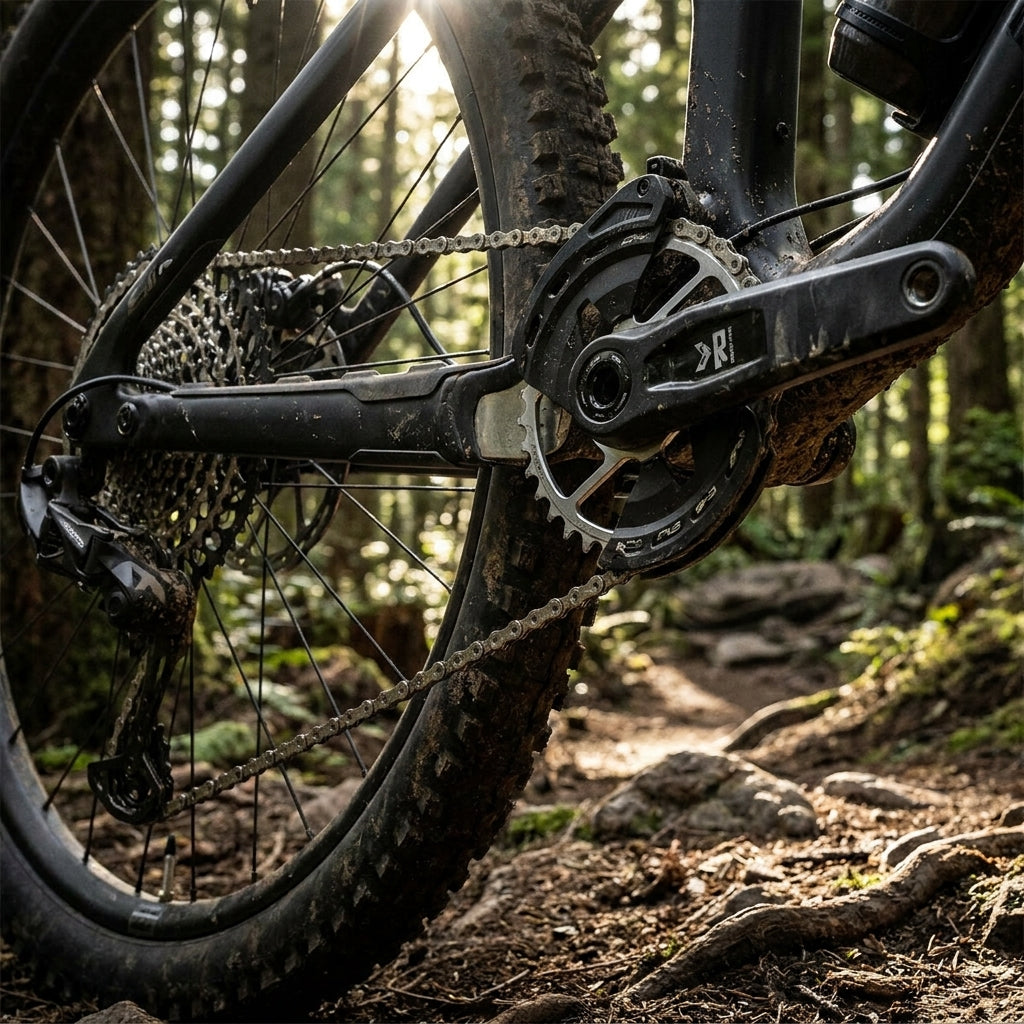 Robustes SRAM Eagle T-Type MTB Schalt- und Antriebssystem am Mountainbike im Wald. Kurbel, Kette, Kassette.