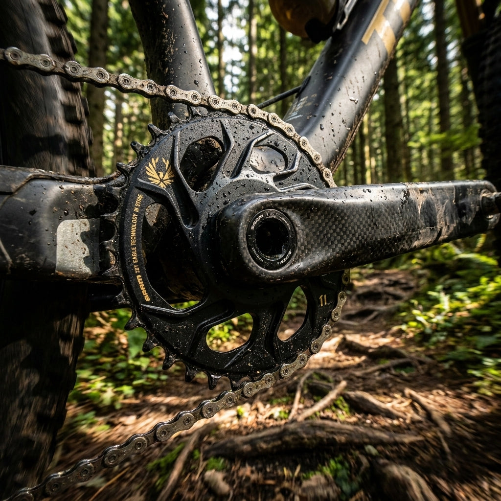 SRAM X-Sync Eagle 32T Kettenblatt schwarz-gold am MTB-Antrieb, nass auf wurzeligem Waldweg.