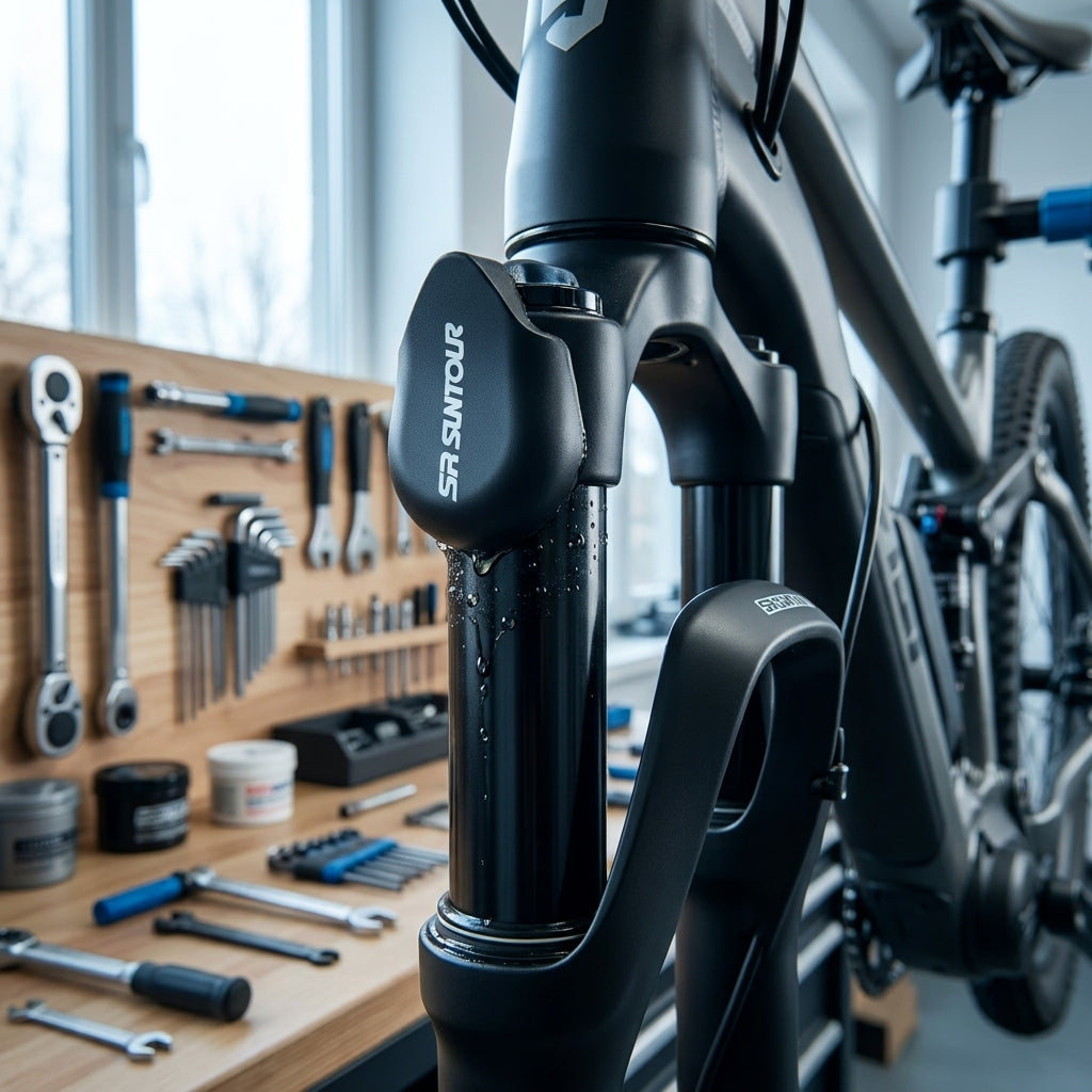 SR-Suntour Abdeckkappe nur links für SF11-NCX-E LO + RL LITE-28" Federgabel, montiert am Fahrrad, Wassertropfen in Werkstatt.
