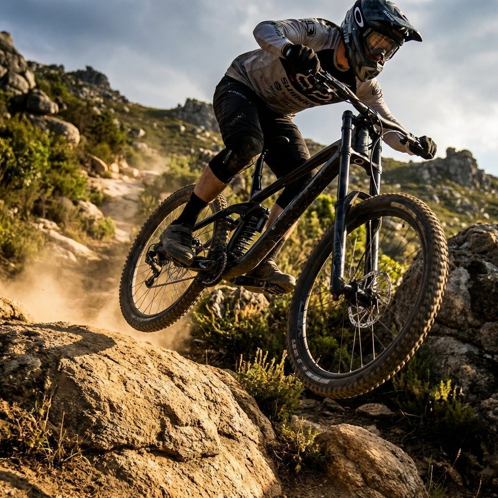 Dynamisches Mountainbike mit RockShox Stahlfeder 450LB in Aktion auf felsigem Trail für maximale Performance.