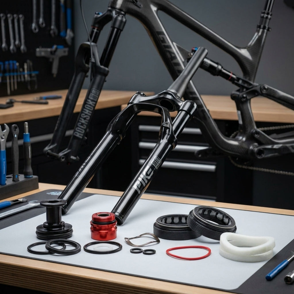 RockShox Pike Federgabel Service-Kit B1 DA (2018+) für 200h Wartung, mit Dichtungen und Ersatzteilen auf Werkbank.