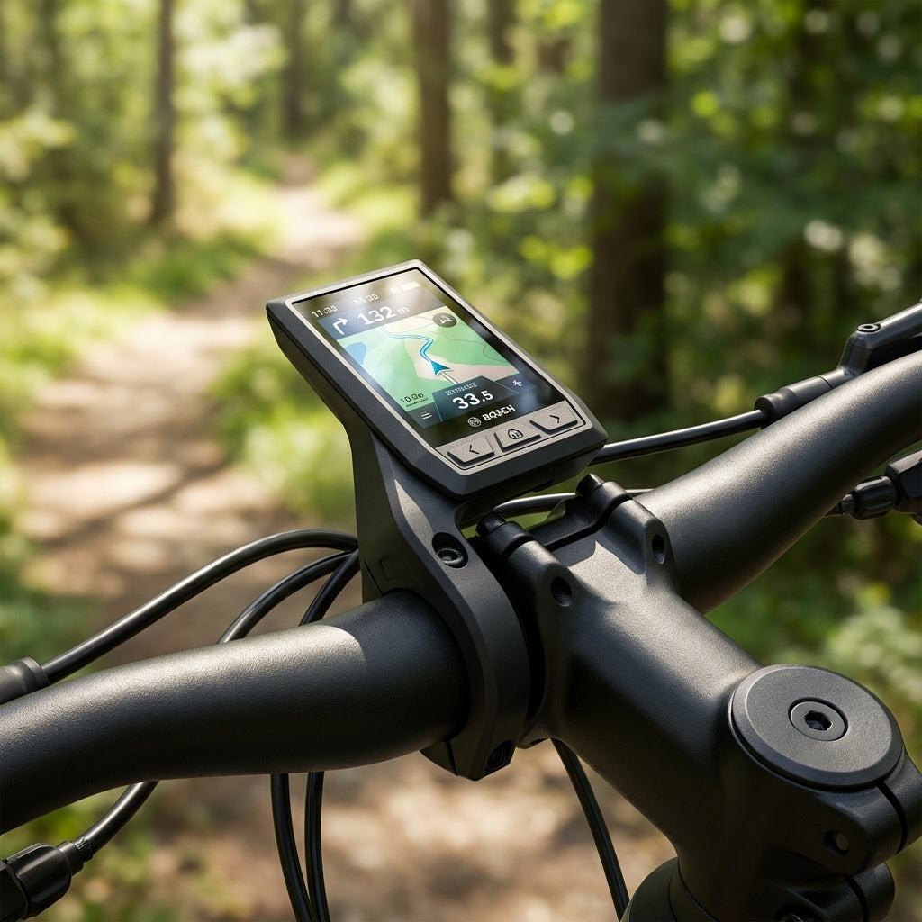 Stabile Bosch Kiox E-Bike-Displayhalterung BUI330 mit Navigation am Fahrradlenker auf Waldweg.