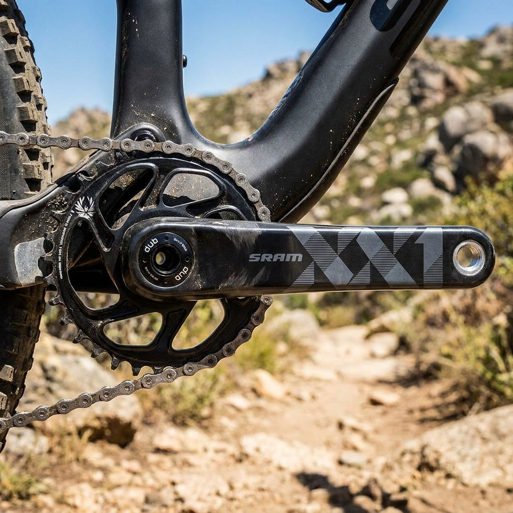 SRAM XX1 Eagle DUB Kurbelgarnitur schwarz am MTB, maximale Schaltperformance für 1x12-Antriebe.