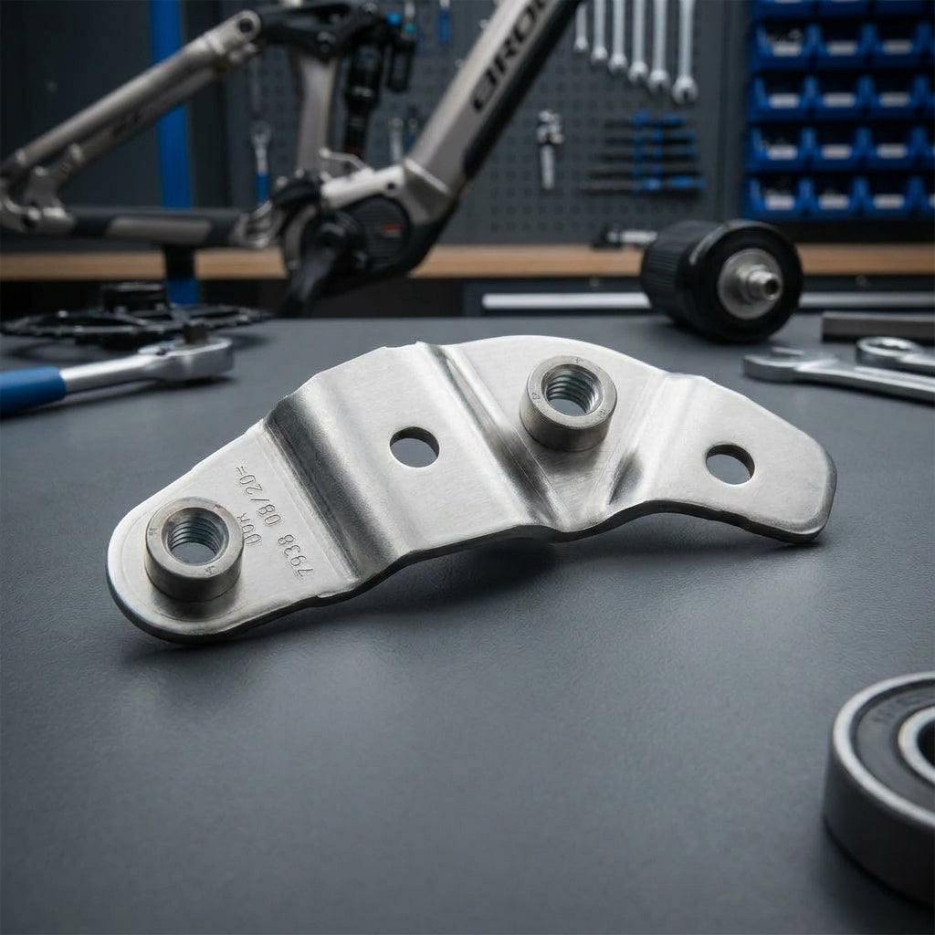 Bosch Montageplatte lang rechts BDU37YY, stabile Halterung für Bosch-Antriebe, auf Werkbank mit Fahrrad-Werkzeug.