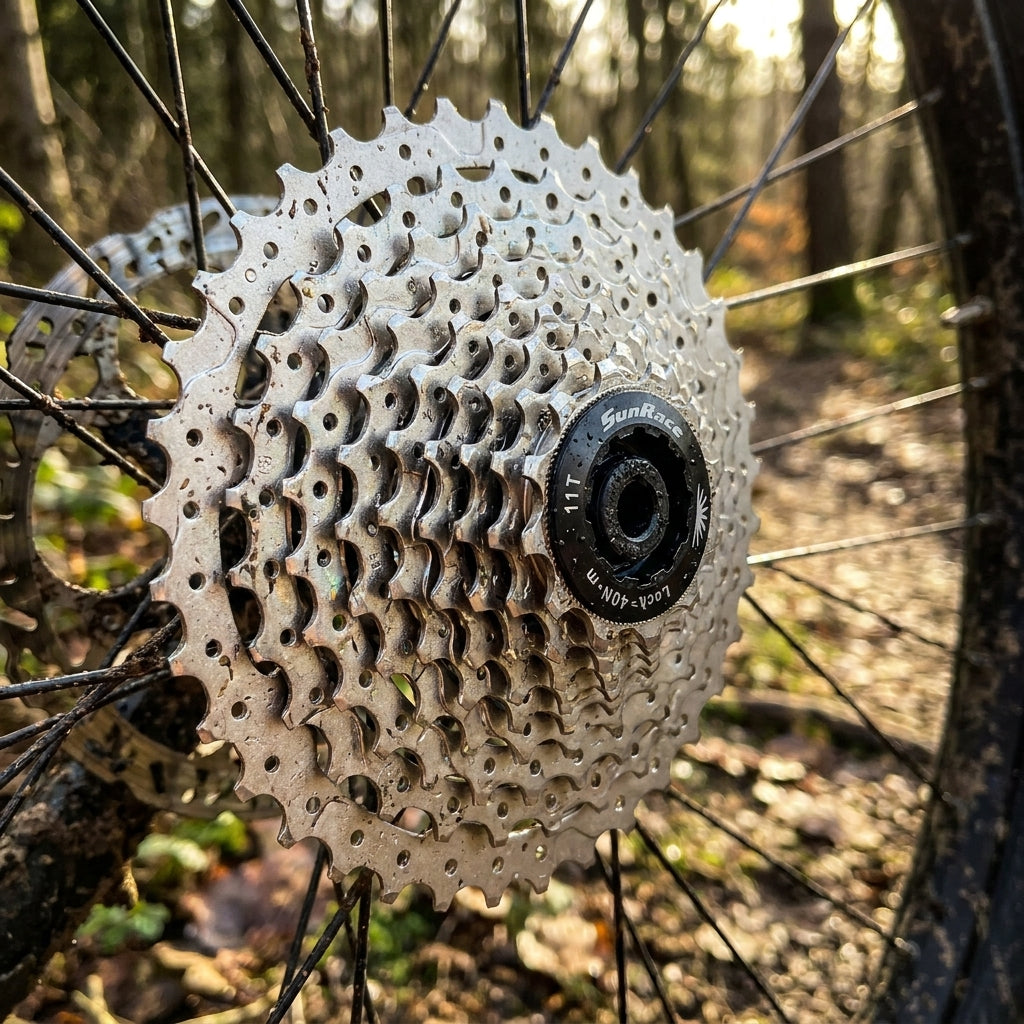Silberne SunRace CSMS8 EAW 11-fach Fluid Drive Plus 11-36 Zähne Kassette am Fahrrad-Hinterrad im Wald.