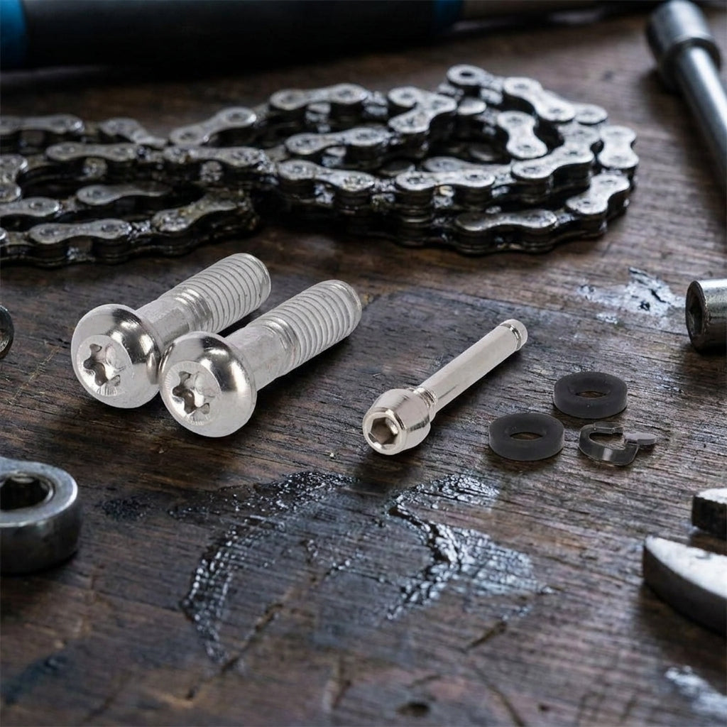 SRAM Disc Brake Caliper Hardware Kit: Edelstahlschrauben, Dichtungen und Pad Pin auf Holztisch.