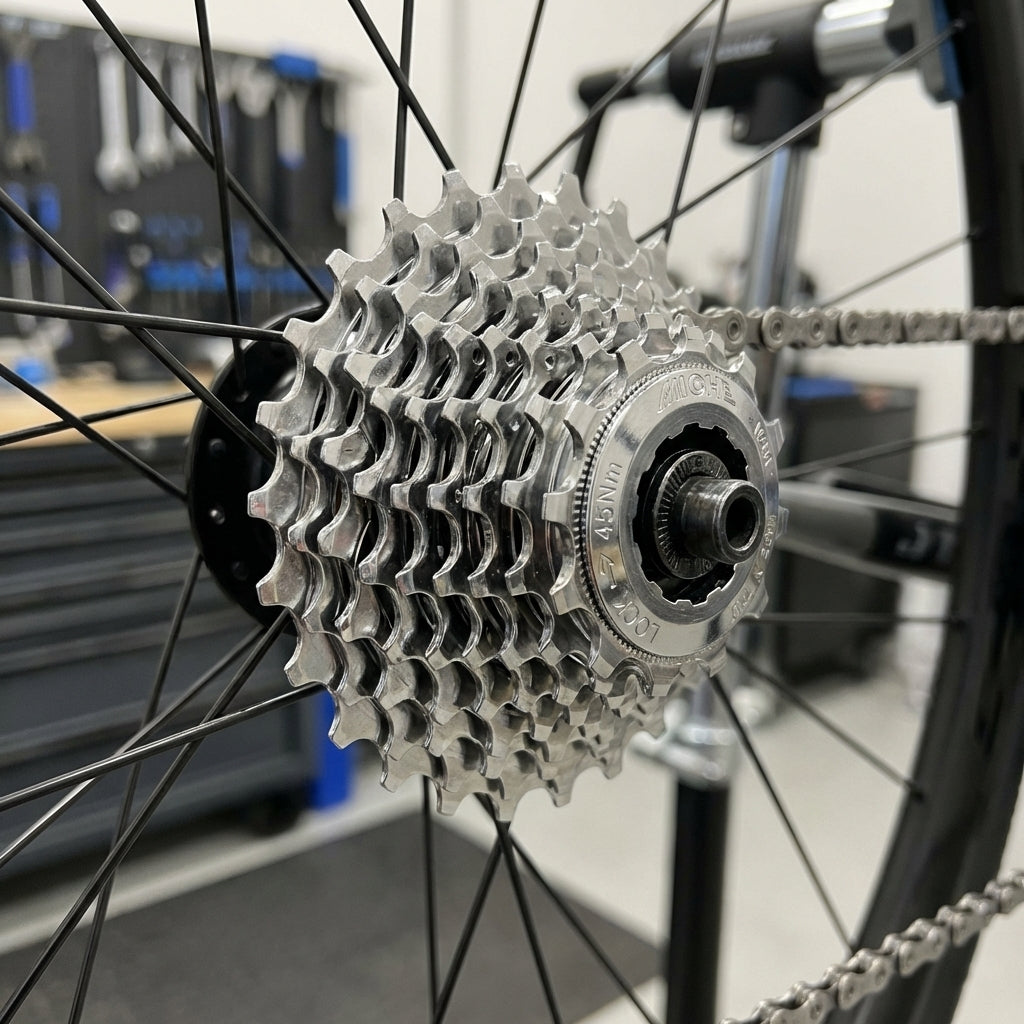 Miche Kassette Primato 10 fach 12-23z Campa am Fahrradhinterrad in einer Werkstatt-Nahaufnahme.