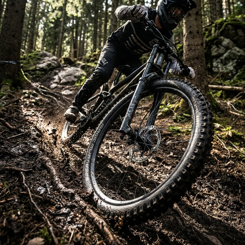 Schwarzer Schwalbe Magic Mary Faltreifen am Mountainbike im Wald auf matschigem Trail für maximalen Grip.