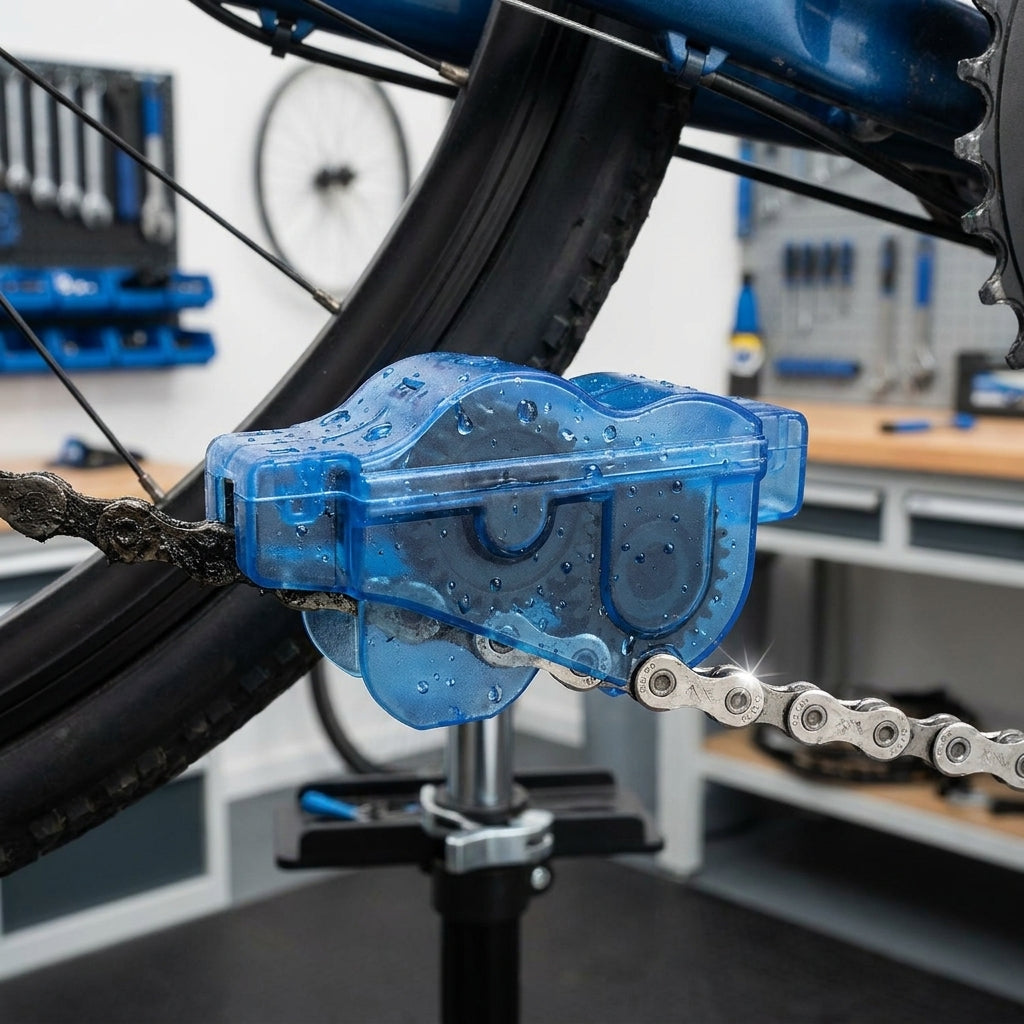 Diverse Kettenreinigungsgerät blau/transparent. Reinigt Fahrradketten effizient mit 6 Bürsten. Für saubere Fahrradpflege.