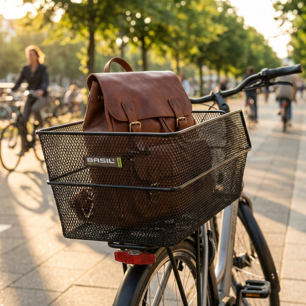 BASIL Cento S Schultaschenkorb schwarz, engmaschiger Fahrradkorb mit braunem Rucksack auf dem Fahrrad.