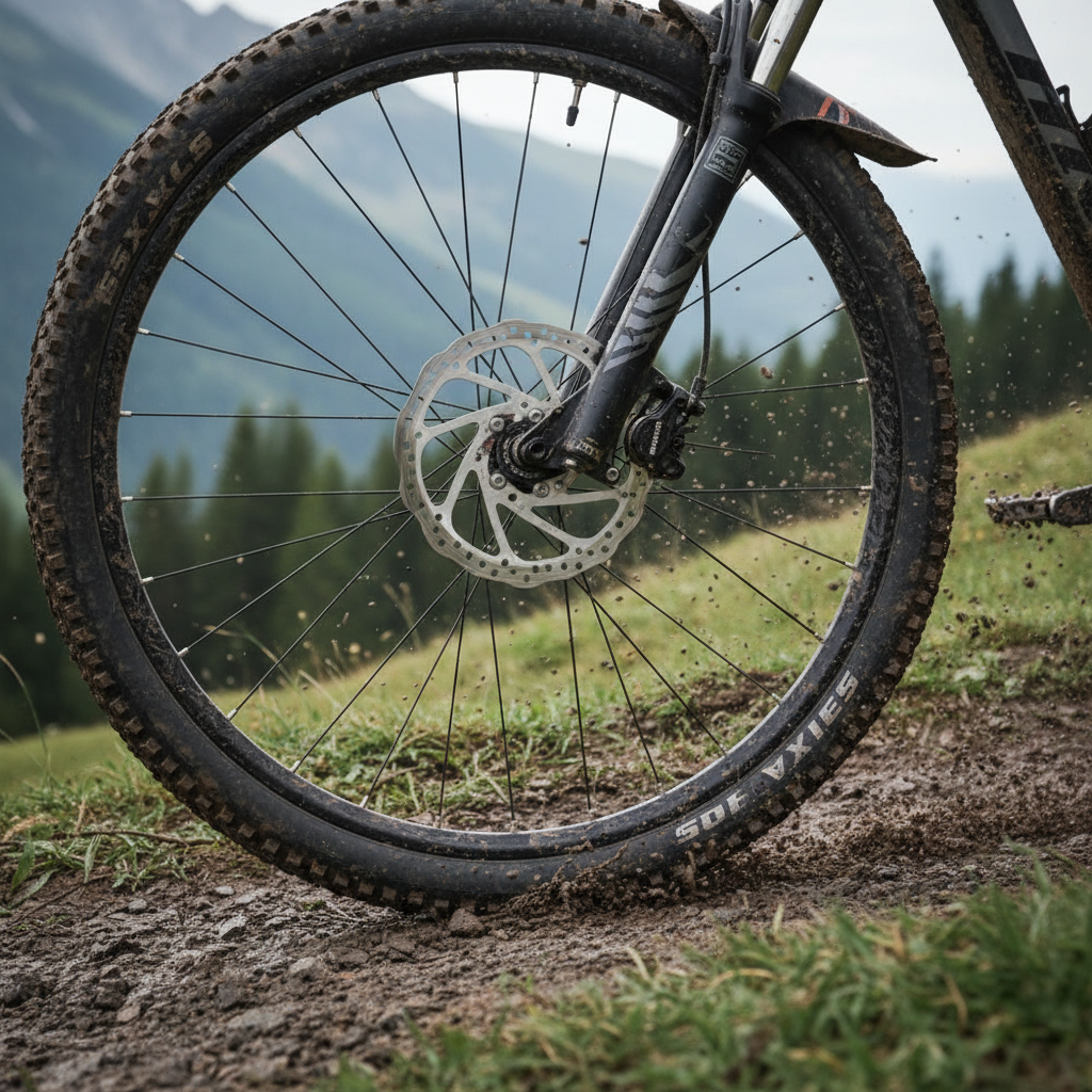 Mountainbike-Vorderrad mit Shimano Scheibenbremse G04S-MX auf schlammigem Berg-Trail.
