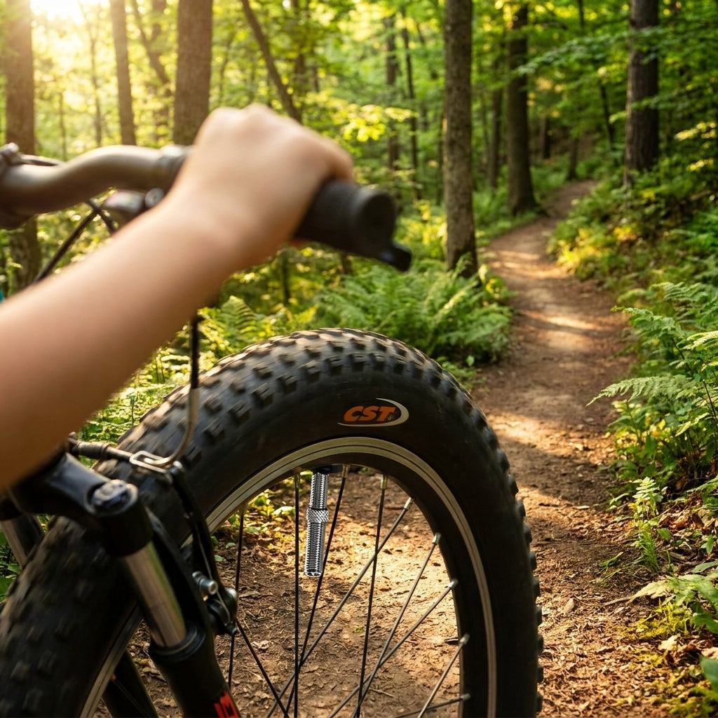 Person fährt MTB mit CST Fahrradschlauch 24" und 40mm Autoventil auf sonnigem Waldweg. Robust & luftdicht für MTB & Citybike.