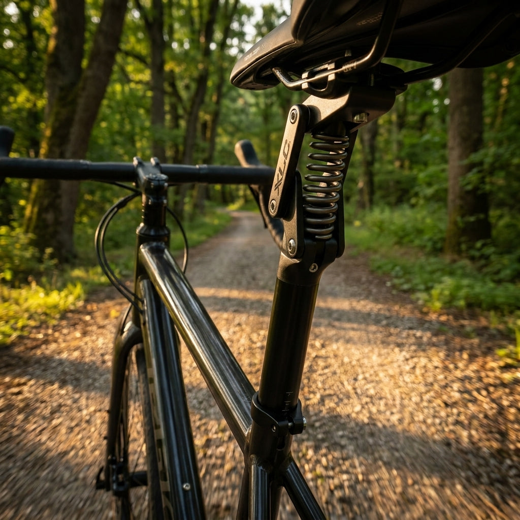 XLC Federelement SP-S11 medium schwarz am Fahrrad auf Waldweg.