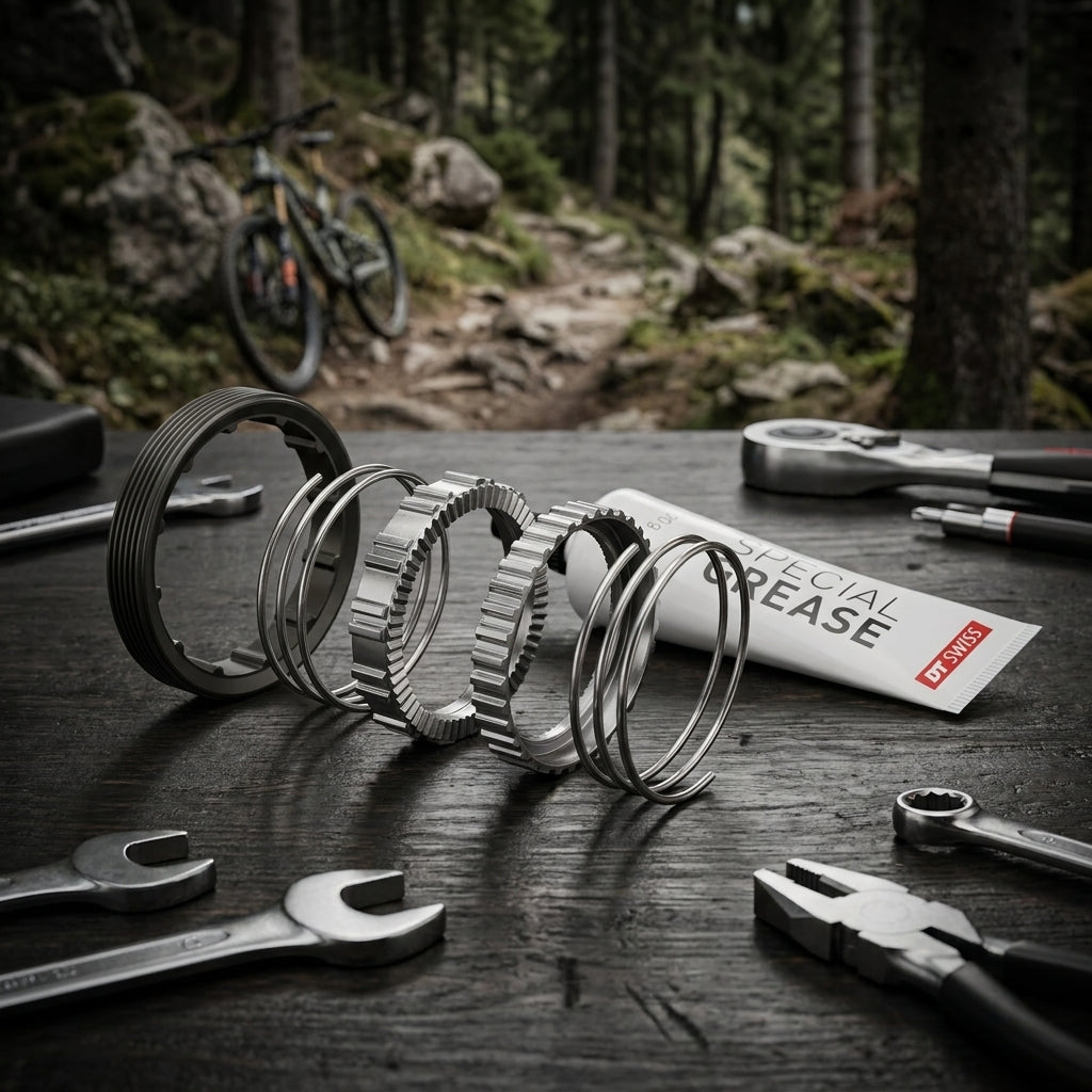 DT Swiss MTB Hybrid SRAM XD Stahl Rotor Kit Komponenten mit Schmierfett und Werkzeug auf Holztisch, Mountainbike im Wald.
