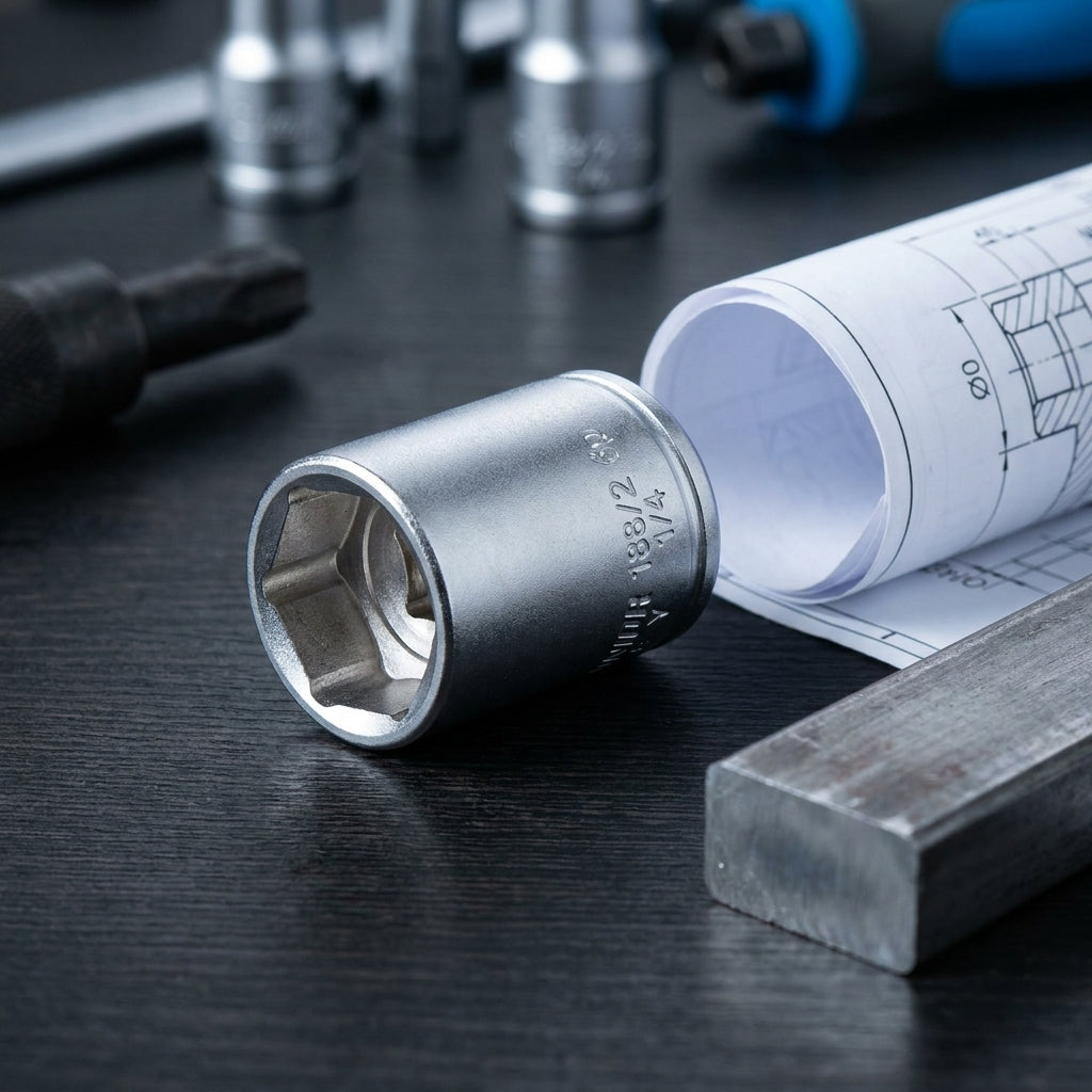 Unior Sechskantsteckschlüssel 10mm 1/4" 188/2 6p auf dunklem Holztisch mit Bauplan und Werkzeug.