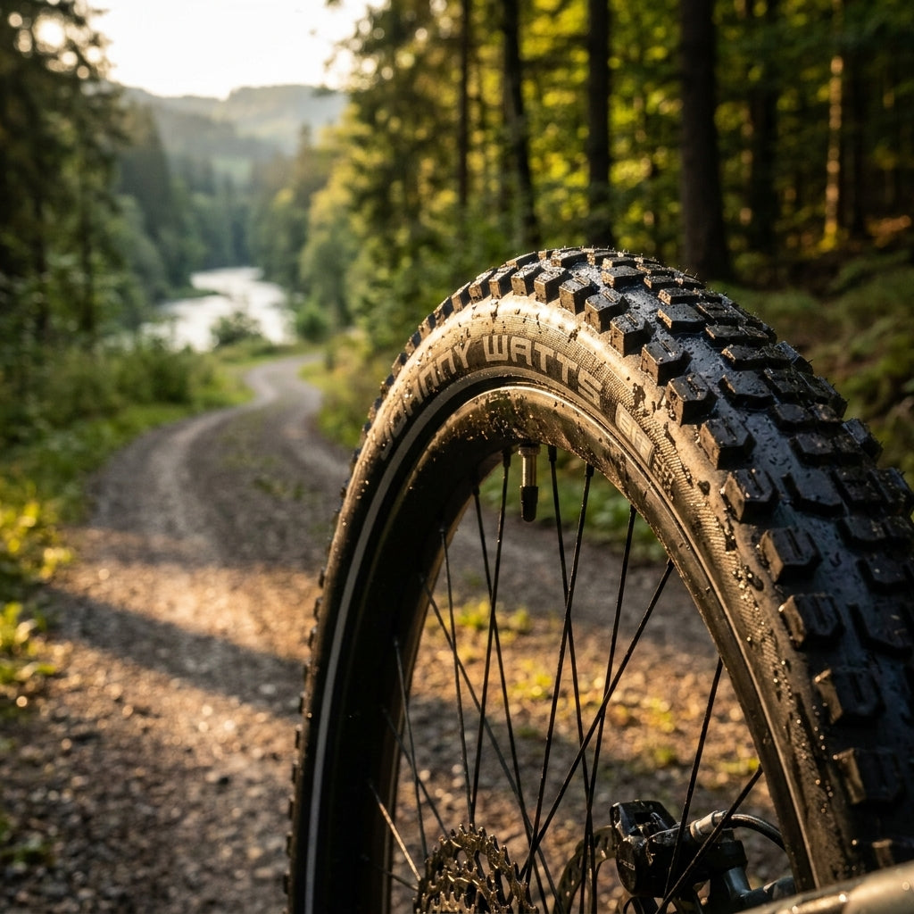 Schwalbe Johnny Watts 29x2.35" E-50 Drahtreifen auf nassem Waldweg. Ideal für Mountainbike und E-Bike.