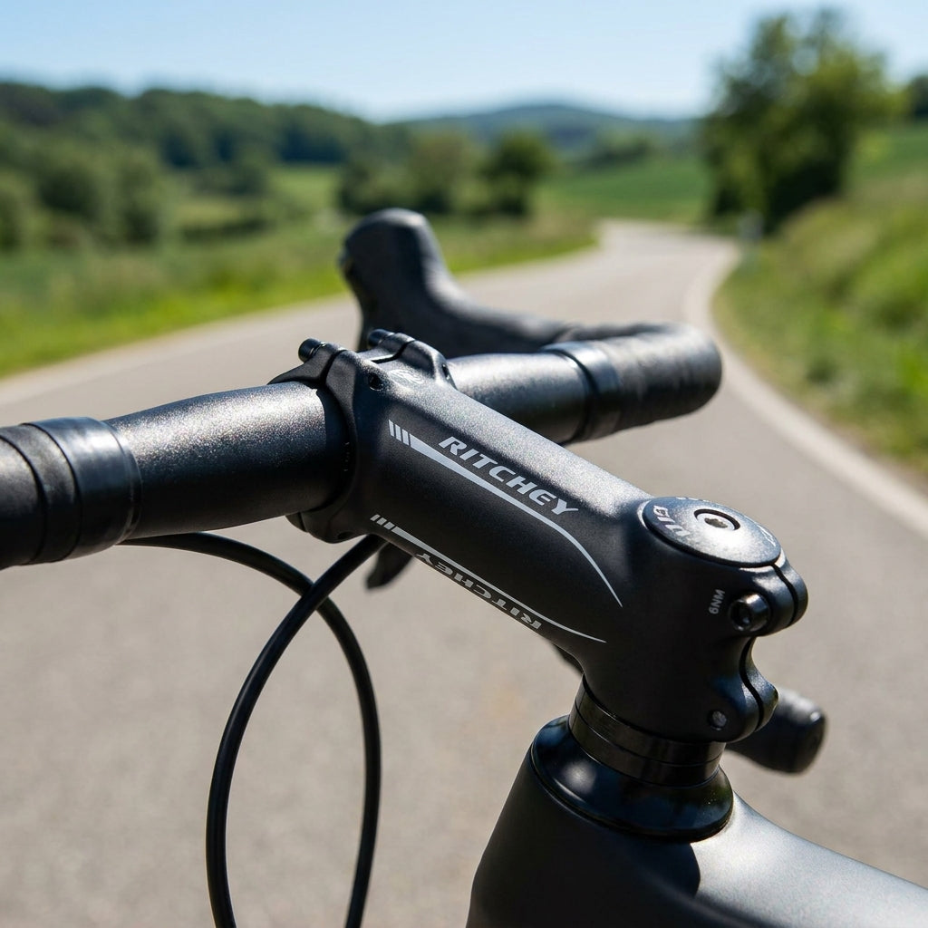 Schwarzer Ritchey Comp 4Axis Vorbau am Rennrad auf Landstraße, 3D-geschmiedetes Aluminium, 110mm, 30°.