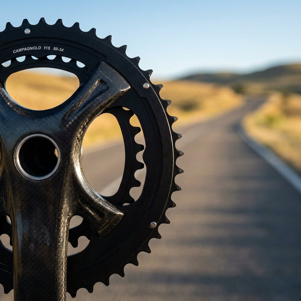 Schwarzes Campagnolo Potenza Kettenblatt 50-34 Zähne mit Carbon-Kurbel am Rennrad auf Landstraße.