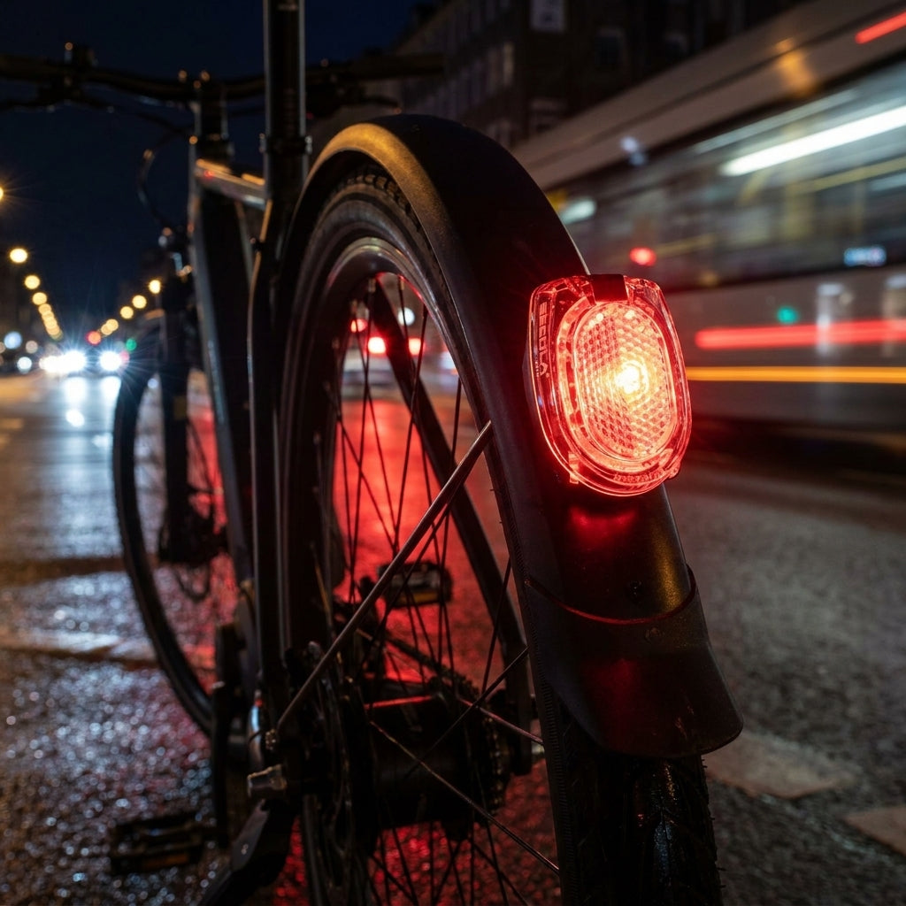 Busch+Müller SECULA PLUS LED Rücklicht hell leuchtend am Fahrrad bei Nacht auf nasser Straße, für Sicherheit.