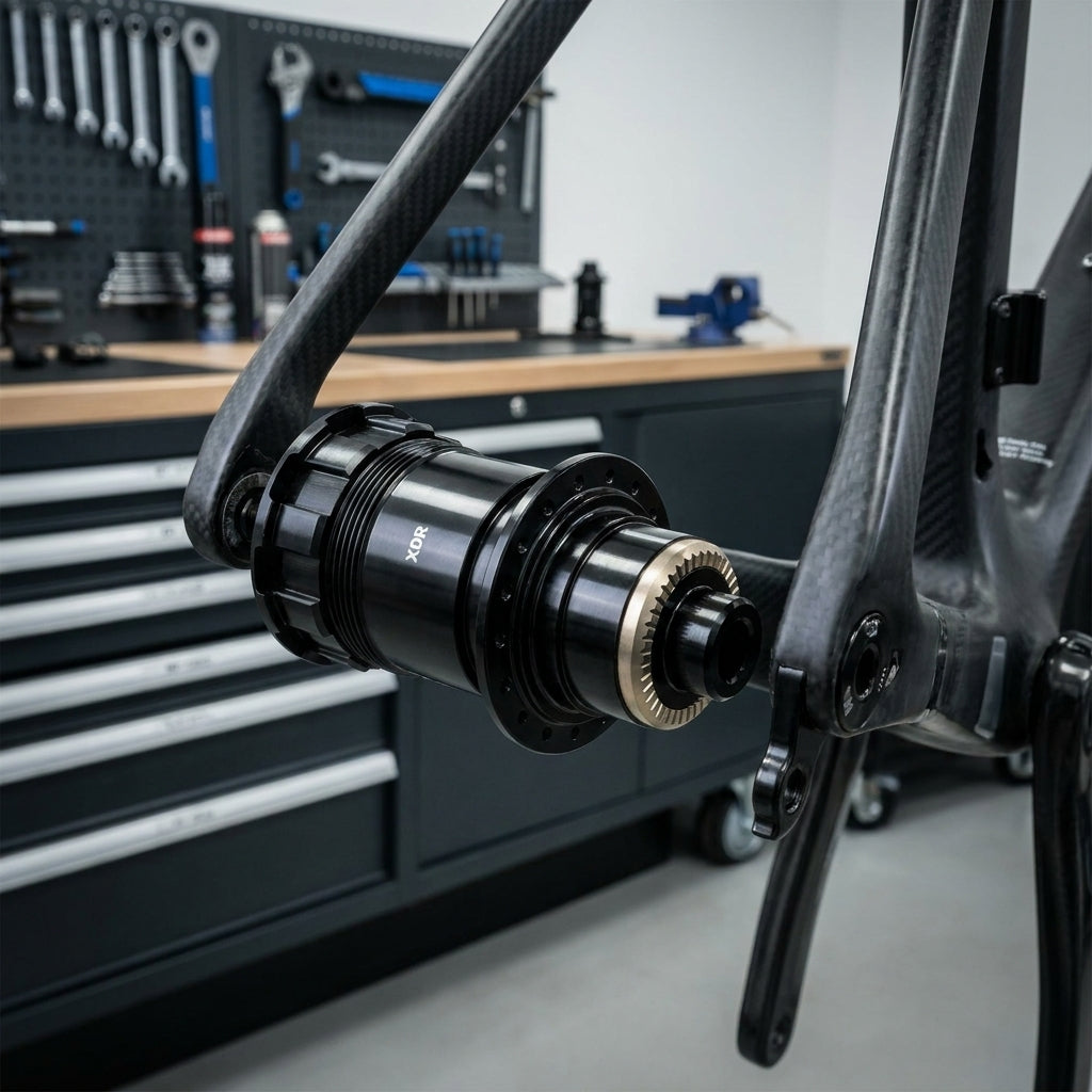 DT Swiss Freilauf-Umrüstkit SRAM XDR Ratchet EXP aus Aluminium am Fahrradrahmen in Werkstatt.