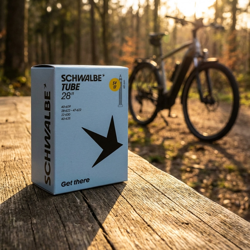 Schwalbe SV17 Fahrradschlauch 28 Zoll Packung auf Holztisch im Wald mit Trekkingrad im sonnigen Hintergrund.