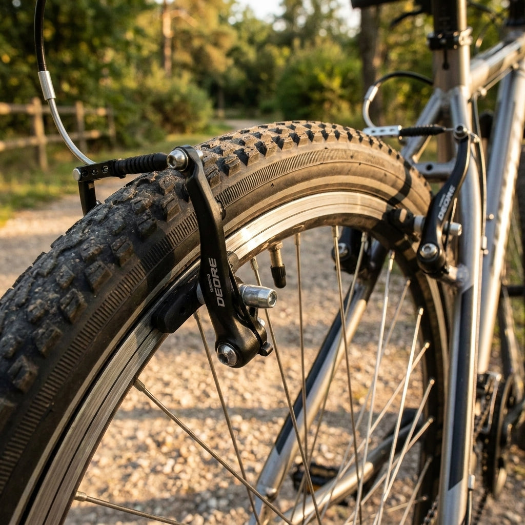 SHIMANO DEORE BR-T610 V-Brake am Hinterrad eines Trekkingrads auf Schotterweg im Sonnenlicht.