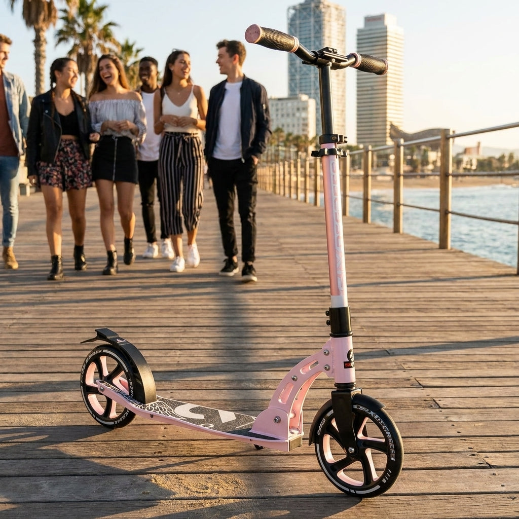 Scooter Six Degrees Aluminium SG pastell-pink 205mm auf Holzsteg, junge Leute gehen vorbei.