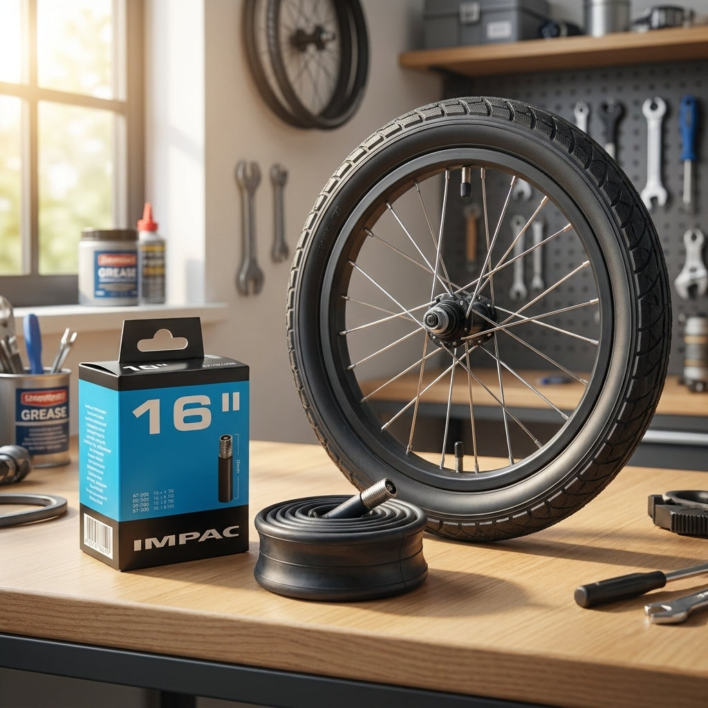 Impac Fahrradschlauch 16 Zoll Autoventil 35mm in Verpackung und lose auf Werkbank mit Laufrad.