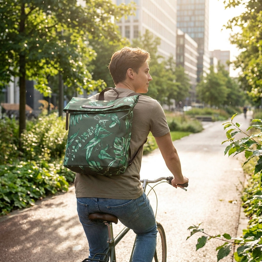 Basil Fahrradrucksack Ever-Green thymian grün aus recyceltem PET, wasserdicht mit veganem Ledergriff. Ideal für umweltbewusste Radfahrer.