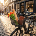 AtranVelo System Korb schwarz am Fahrrad mit Baguette und Tulpen vor Café auf Kopfsteinpflasterstraße.