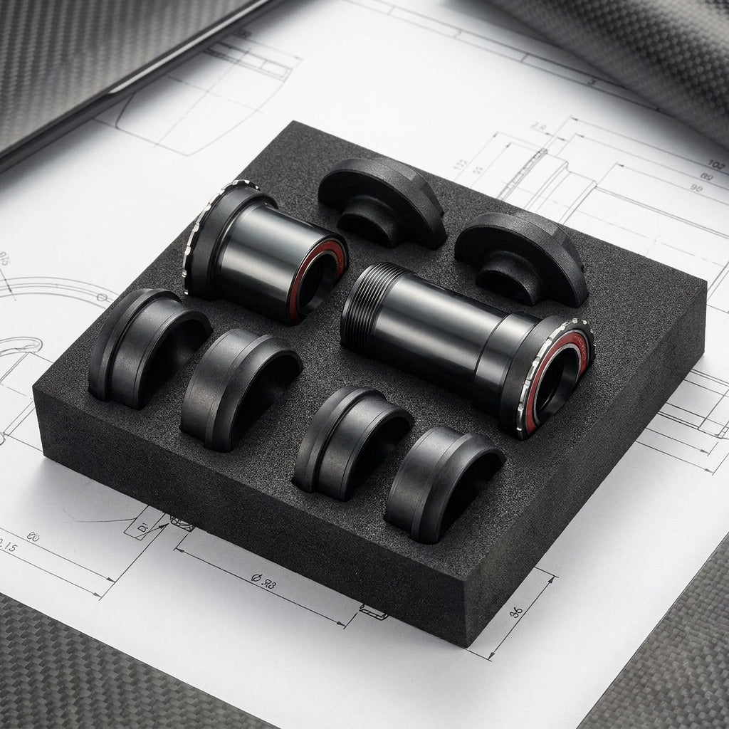 TOKEN Innenlager Thread Fit TF24 Set für Shimano 24mm Kurbeln, auf schwarzem Schaum mit Konstruktionszeichnungen.
