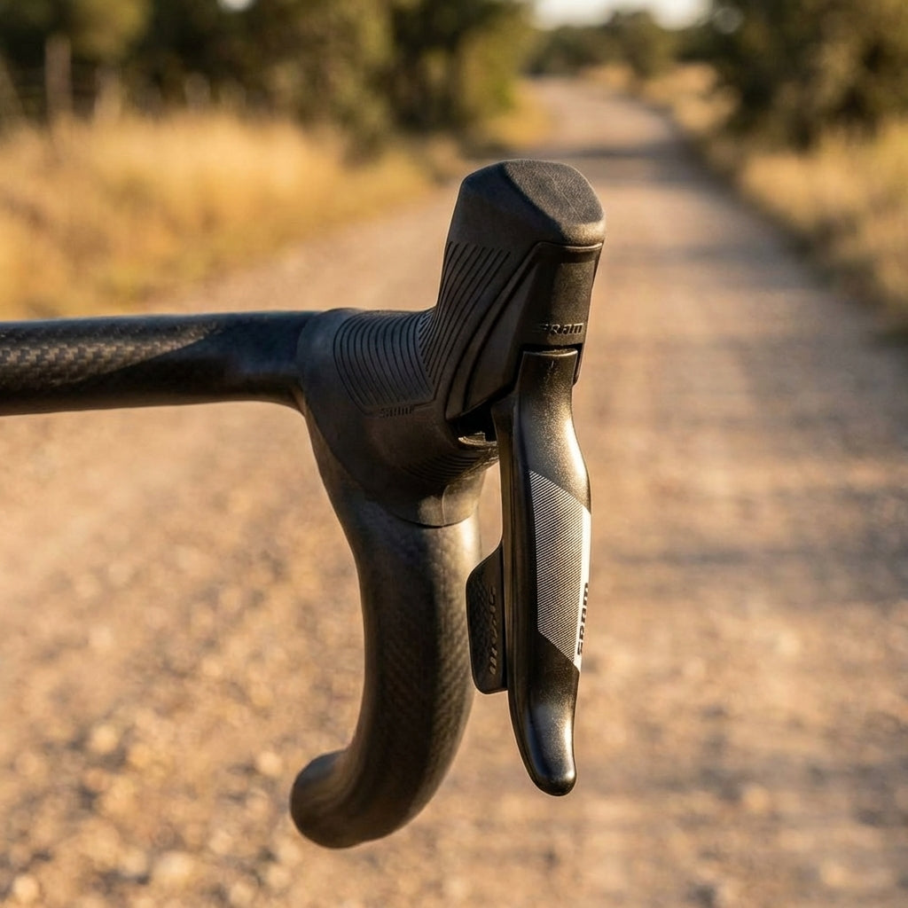 SRAM Apex hydraulische 12-fach Schalt-/Bremseinheit vorne an Carbon-Lenker auf Gravelweg. Ideal für Renn- & Gravelbikes.